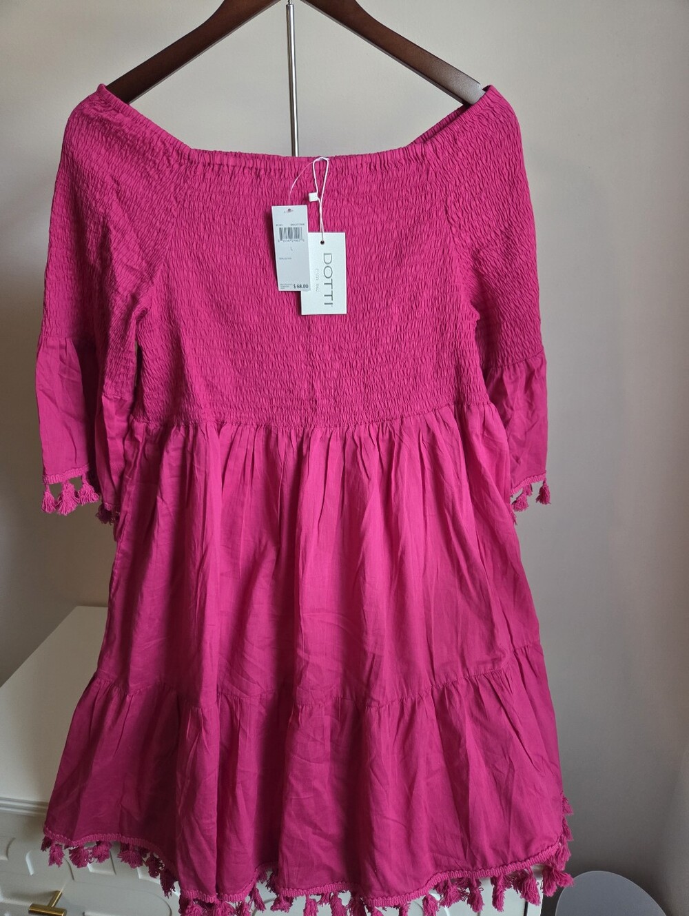 Dotti Bright Fuchsia Smocked Tiered Dress with Tassel Trim